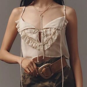 Anthropologie Tie-Front Sheer Chiffon Cami Ruffle Crop Top Cream XS